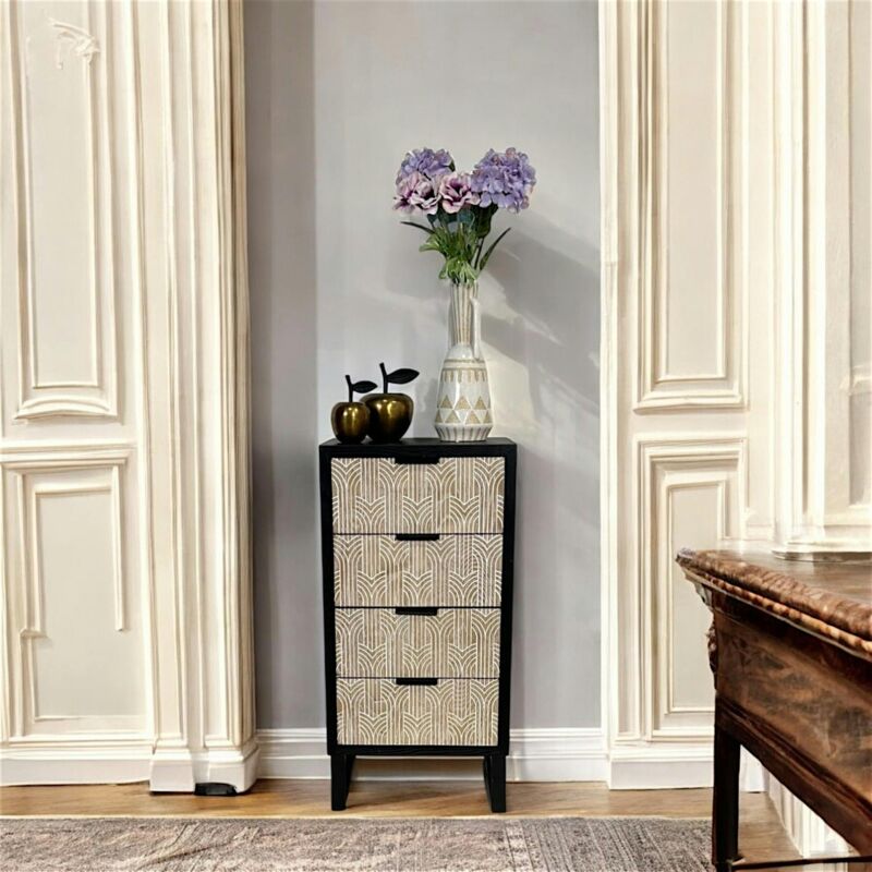 Commode 4 tiroirs bois et métal décor oriental