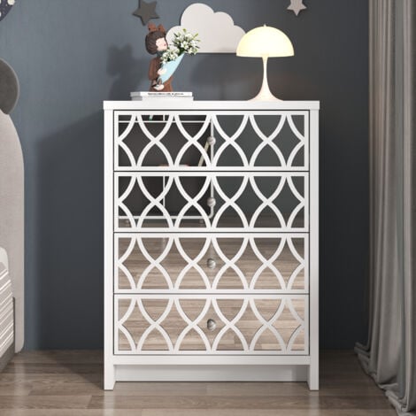 Commode 4 Tiroirs GALANO Iris , 70.0cm W X 39.8cm D X 93.8cm H – Armoire Moderne avec 4 Tiroirs Miroir – Organisateurs et Rangement pour Chambre – Console pour Entrée – Couloir ou Salon – couleur Blan