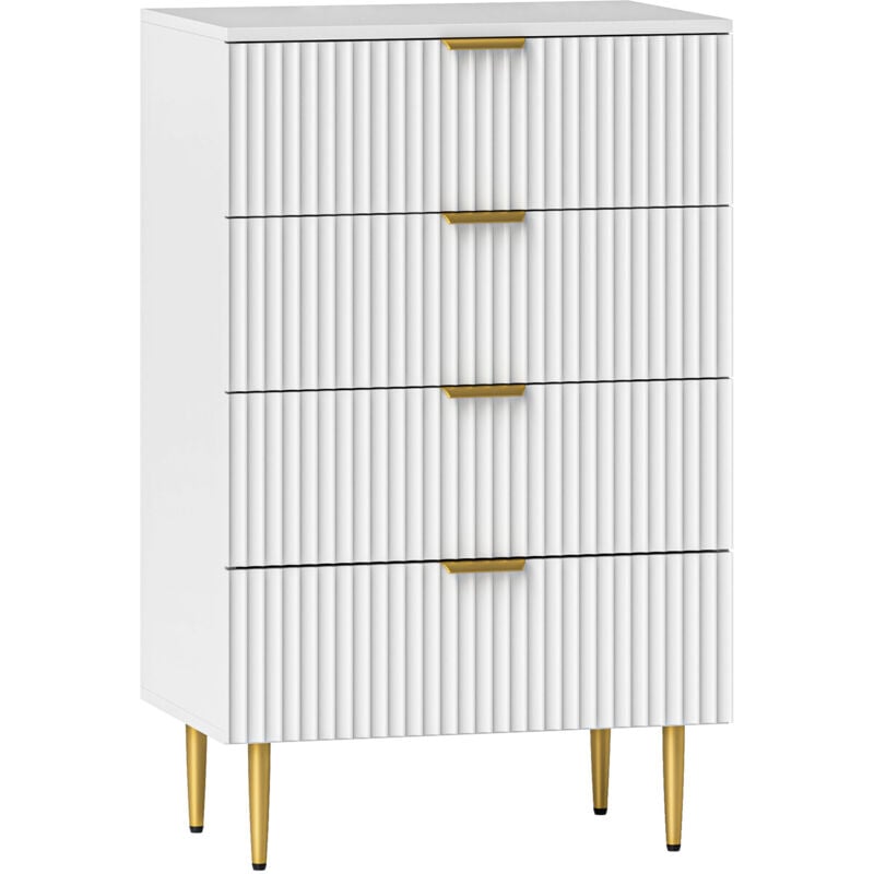 Commode 4 tiroirs design effet cannelé piètement poignées métal doré blanc