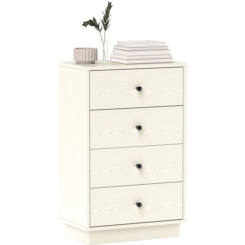 Commode 4 tiroirs dim. 47L x 29l x 75H cm poignées coniques métal noir effet bois blanc