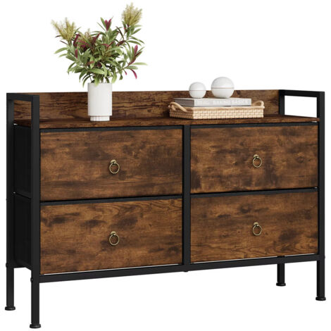 Commode 4 Tiroirs en Tissu 100x69x29 Cm – Meuble de Rangement Style Vintage Marron Pour Chambre, Salon Et Couloir