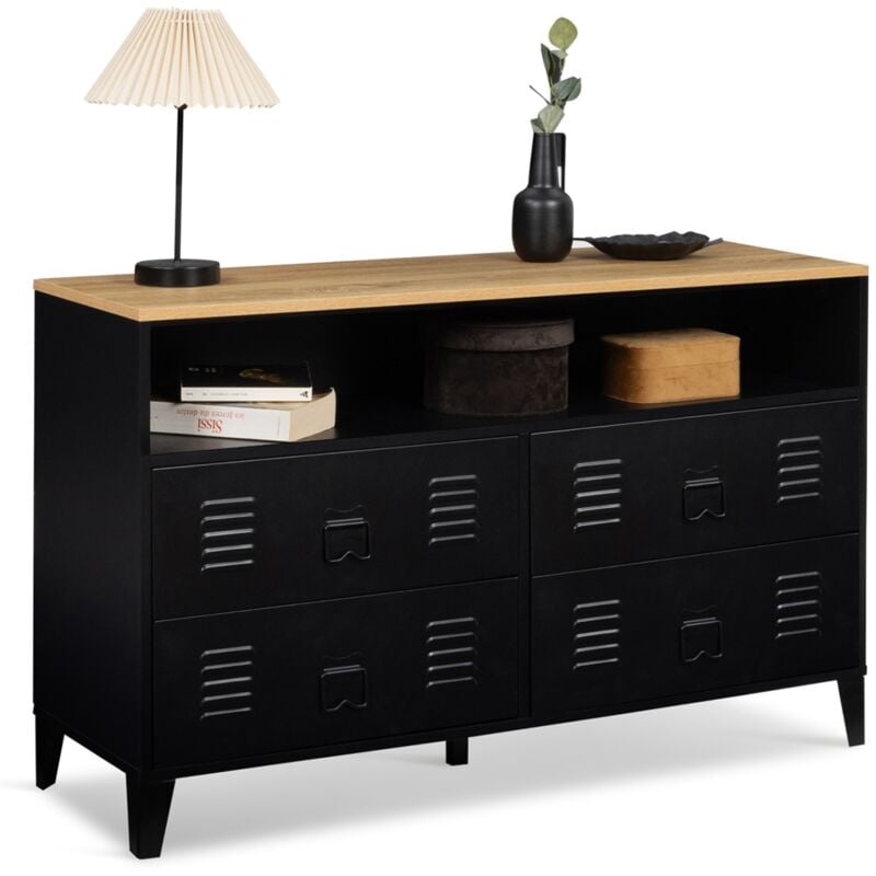 Commode 4 tiroirs ester 115 cm métal noir et plateau façon hêtre avec niche design industriel