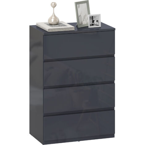 Commode 4 Tiroirs, Haute Brillance, Fermeture Douce et Silencieuse, 55 x 34 x 80 cm, Gris