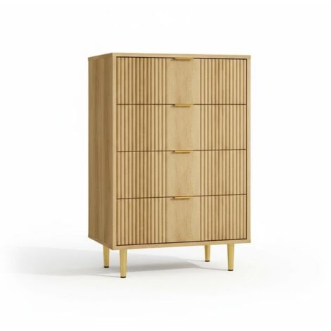 Commode 4 tiroirs haute en bois façade cannelée 40P x 94L x 78H cm, poignées métal rangement chambre salon couloir - chêne