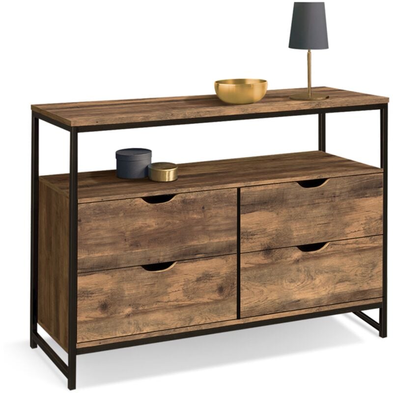 Idmarket - Commode 4 tiroirs hawkins 110 cm bois foncé design industriel avec étagère
