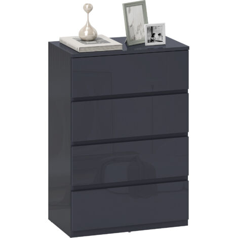 Commode 4 tiroirs, meuble de rangement à haute brillance, fermeture douce et silencieuse, 55 x 34 x 80 cm, gris