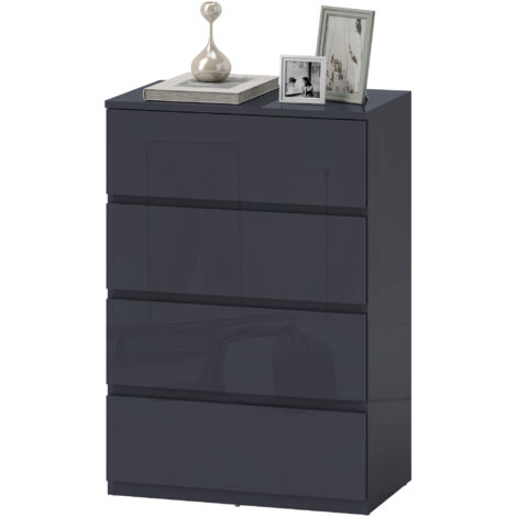 Commode 4 tiroirs, meuble de rangement à haute brillance, fermeture douce et silencieuse, 55 x 34 x 80 cm, gris