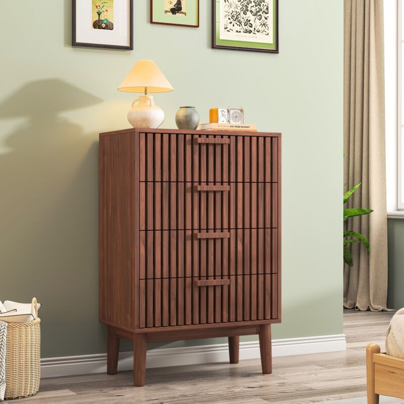 Commode 4 Tiroirs, Meuble de rangement, Armoire Chambre, Buffet Salon en Bois, Couleur Noisette, 91x34x60cm