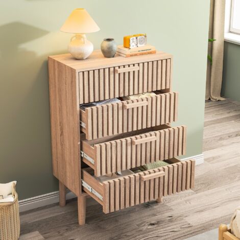 Commode 4 Tiroirs, Meuble de Rangement,poignées et pieds en bois,Buffet Salon avec Dispositif Anti-Basculement,60x34x91cm,Naturel