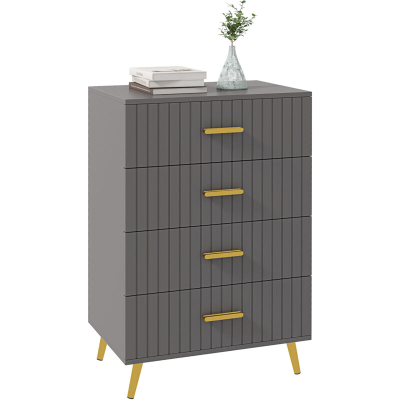 Commode 4 tiroirs style art déco - dim. 60L x 40l x 90H cm - alu. doré panneaux gris