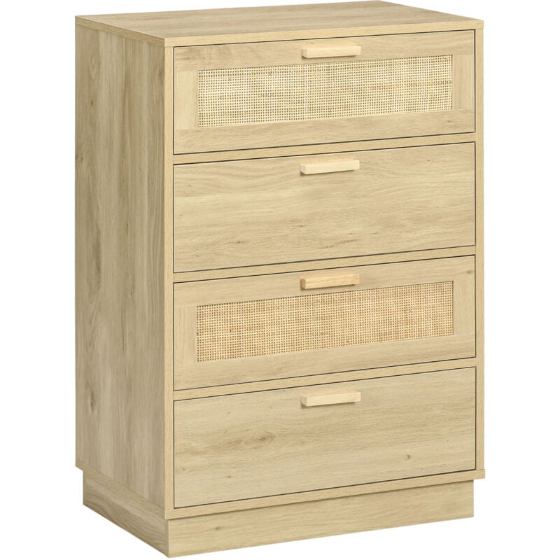 Commode 4 tiroirs style bohème chic 2 façades cannage rotin effet bois clair naturel