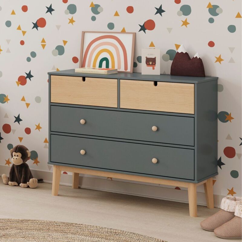 Toscohome - Commode 4 tiroirs vert kaki et pin 100x40x81H cm - Restana