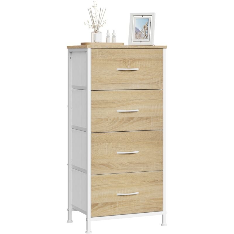 Commode 4 Tiroirs Woltu Meuble de Rangement à Tiroirs en Tissu, Cadre en Métal, Dessus en Bois d'Ingénierie E1, Chêne Clair + Blanc