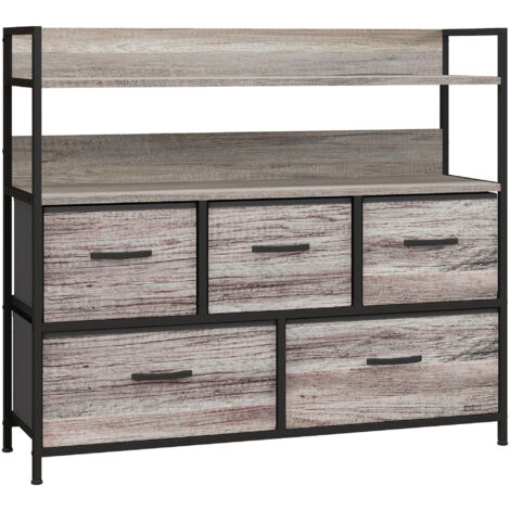 Commode 5 tiroirs 2 étagères MADJIK gris effet bois