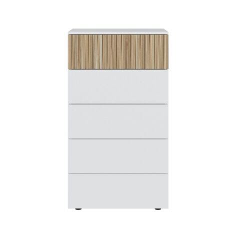 Commode 5 tiroirs 61x40x109 cm blanc Artik et naturel – Panneaux mélaminés – Guides métalliques coulissants – Pieds en ABS – Fores