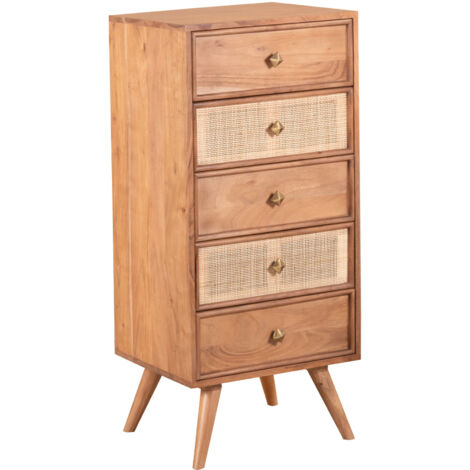 Commode 5 tiroirs 80x40x110 cm en bois d'acacia et cannage - NORIA