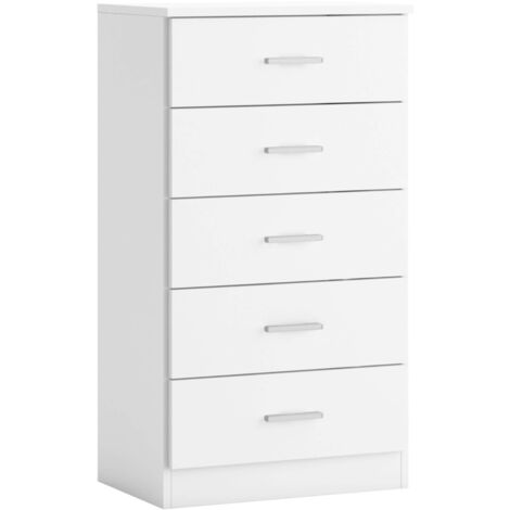 Commode 5 tiroirs avec glissières et poignées en métal, blanc mat, 50 x 90 x 33 cm