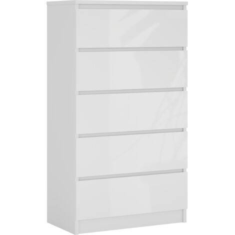 Commode 5 Tiroirs : Blanc Mat / Blanc Brillant, 70 × 39 × 125 cm