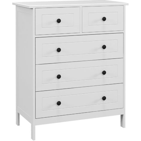 Commode 5 Tiroirs, Blanc, Poignée Métal Noir