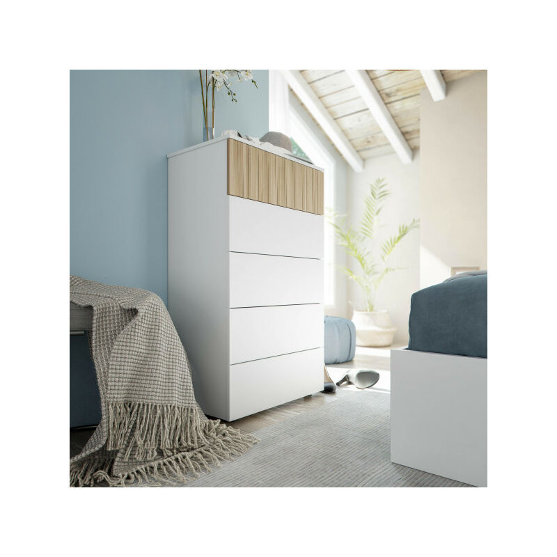 Commode 5 tiroirs Blanc/Bois clair - yana - l 61 x l 40 x h 109 cm