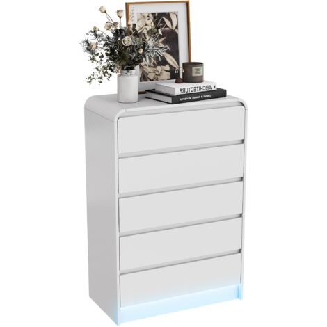 Commode 5 tiroirs blanche 73x40x110 cm – LED Réglabl – Buffet enfilade – Meuble de rangement – Dispositif anti-trébuchement