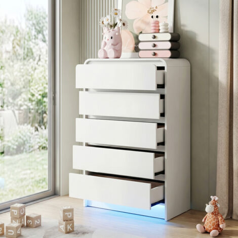Commode 5 tiroirs blanche 73x40x110 cm, meuble de rangement en panneaux de particules, glissières métalliques, pour chambre salon entrée