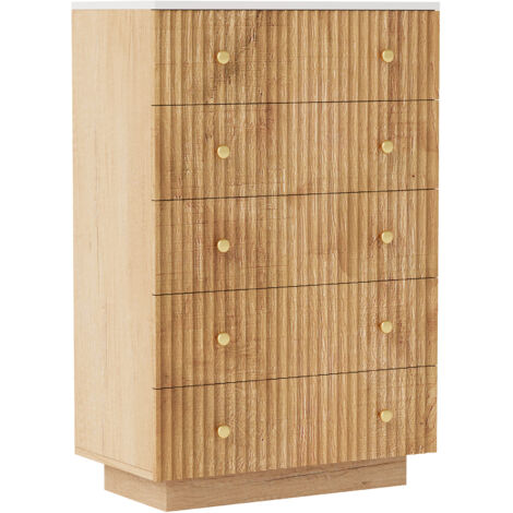 Commode, 5 tiroirs, buffet LED, commode chambre, meuble de rangement, Panneau de particules, Idéale pour rangement chambre/salon/cuisine ou bureau, 73x40x111cm, Chêne