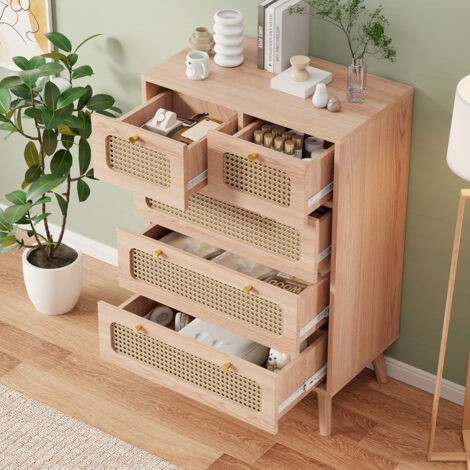 SUREH Commode 5 tiroirs, Commode Chambre, Meuble de Rangement rotin, pour Chambre à Coucher, Salon - 60 x 34 x 91 cm, couleur bois naturel