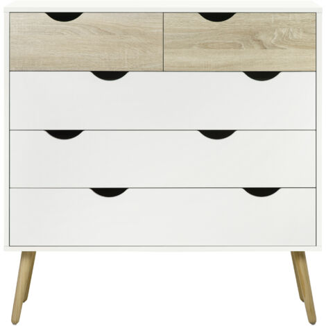 Commode 5 tiroirs Design scandinave Meuble de Rangement Chambre Panneau de Particules 99 x 39 x 101 cm Blanc Aspect chêne Clair