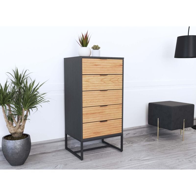 Deco In Paris - tissia - Commode 5 tiroirs en bois clair et métal noir tissia