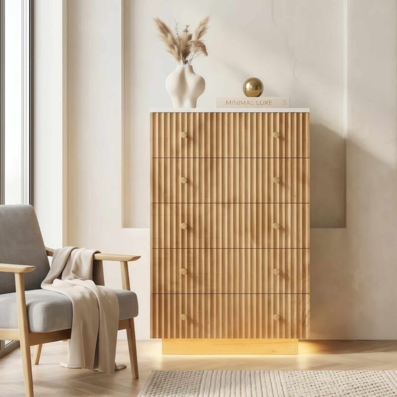 Commode 5 Tiroirs en Bois Naturel avec Éclairage LED 3 Couleurs - Buffet de Rangement 73x40x111 cm - Poignées Métalliques pour Salon et Chambre