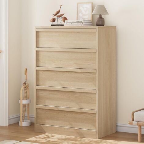 Commode 5 tiroirs en chêne naturel 75x40x110 cm, tiroirs coulissants lisses, rangement moderne pour salon entrée chambre enfant couloir