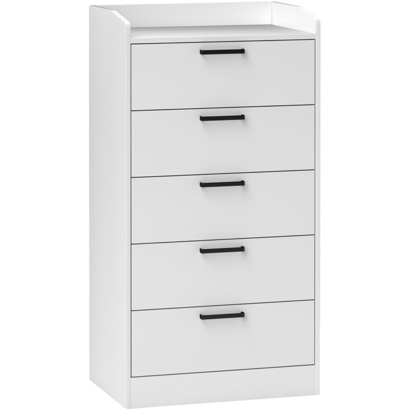 Commode 5 tiroirs et plateau - meuble de rangement bureau - poignées métal noir mdf blanc