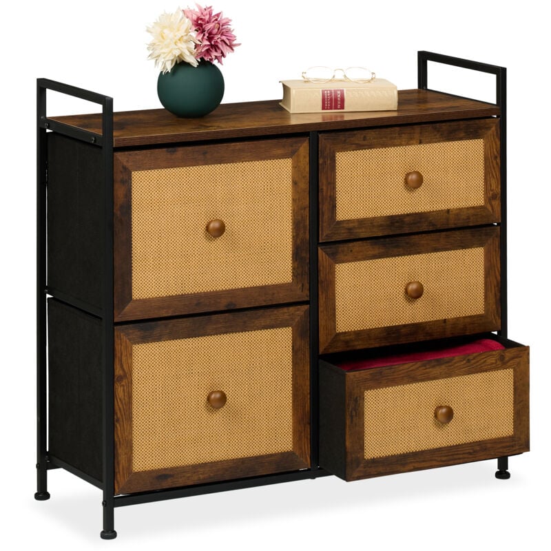 Commode à 5 tirors, aspect rotin, chambre, couloir, hlp : 77x85x31,5 cm, meuble de rangement, marron/noir - Relaxdays