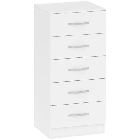 Commode 5 tiroirs, meuble à tiroirs pour vêtements et accessoires, panneaux de particules, blanc