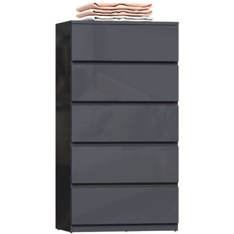 Commode 5 tiroirs, meuble de rangement à haute brillance, fermeture douce et silencieuse, 53 x 34 x 100 cm, gris