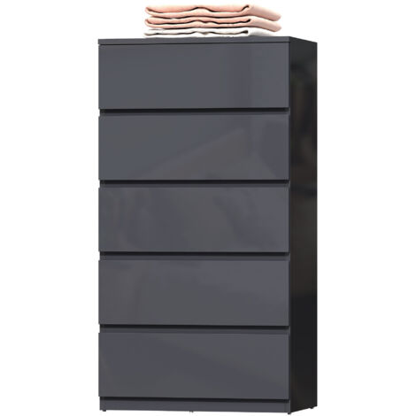 Commode 5 tiroirs, meuble de rangement à haute brillance, fermeture douce et silencieuse, 53 x 34 x 100 cm, gris