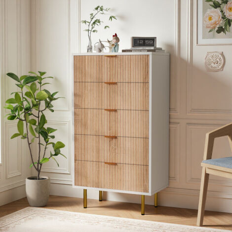 Commode 5 Tiroirs, Meuble de Rangement, Buffet Salon en Bois, Poignées et Pieds en Métal, Meuble De Couloir, Couleur Bois Naturel et Blanc
