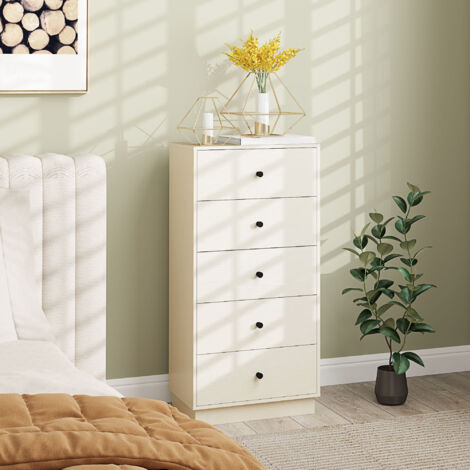 Commode 5 tiroirs. meuble de rangement haut et étroit. style moderne pour chambre à coucher. salon - 47x29x95cm. crème