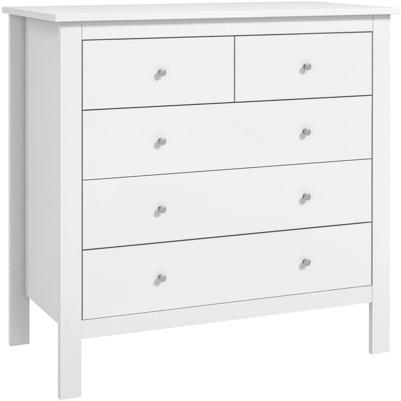 Commode 5 tiroirs style contemporain dim. 79L x 39,5l x 80,5H cm poignées boutons métal mdf blanc