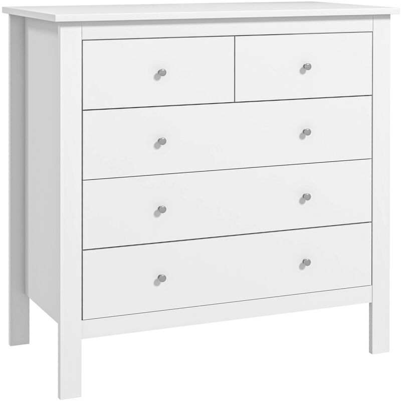 Commode 5 tiroirs style contemporain poignées boutons métal mdf blanc