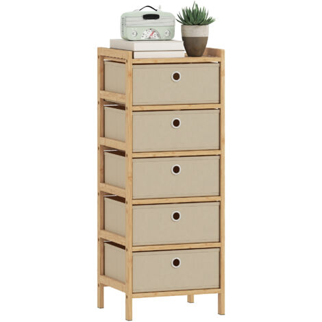 Commode 5 tiroirs tissu structure bambou petits espaces, crème/naturel