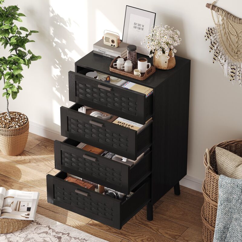 Commode 55x40x95 cm, avec 4 tiroirs en osier, large surface de travail, poignées métalliques noires, style campagne - Noir