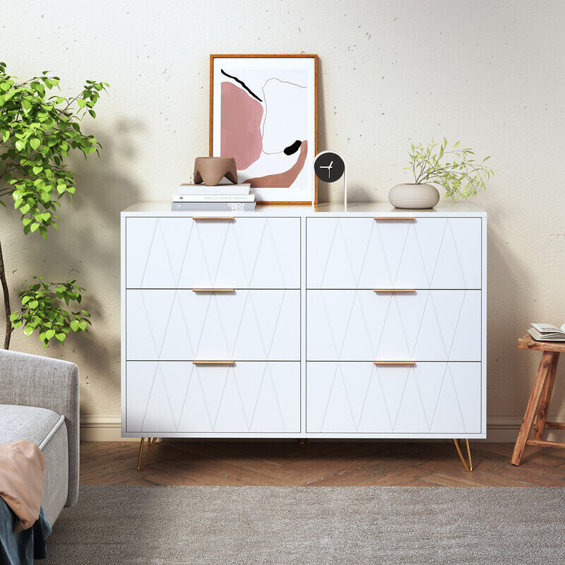 Commode 6 tiroirs 100 x 34 x 72.5 cm, commode bois massif, meuble de rangement, buffet bois, meuble a tiroirs, panneau à motif diamant, pour
