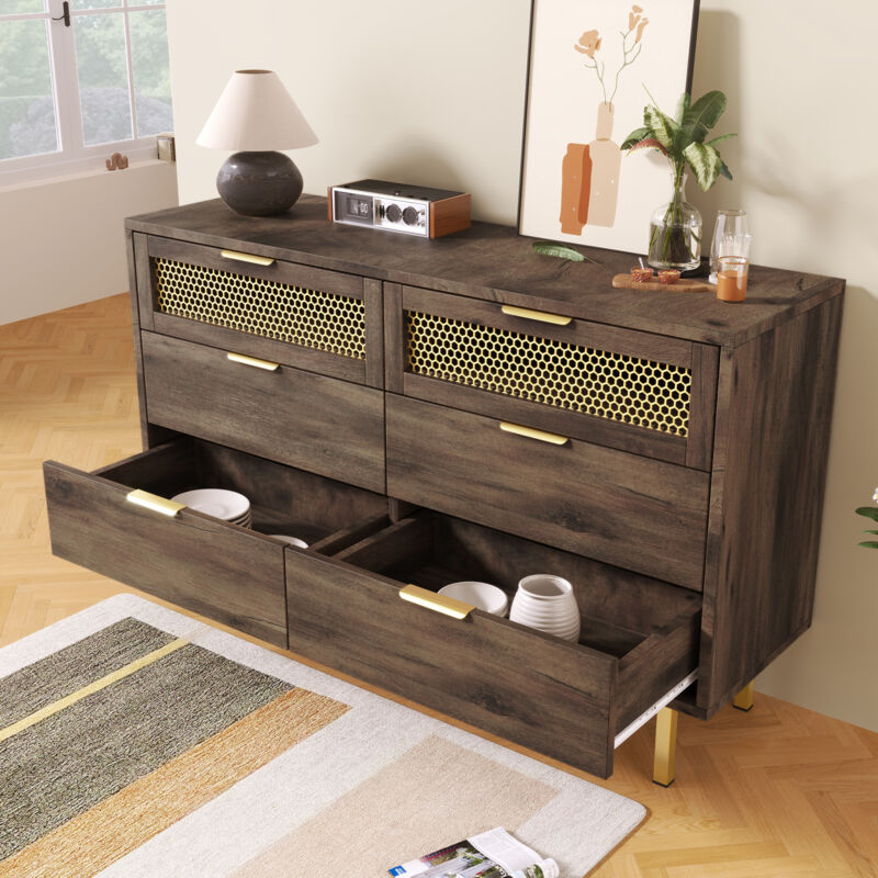 Commode 6 tiroirs 120 x 40 x 76 cm, buffet, meuble de cuisine, bois et métal, marron foncé