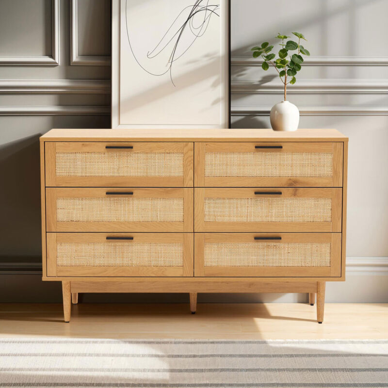 M&s - Commode 6 tiroirs 120x39,5x75 cm naturel avec cannage - aretha