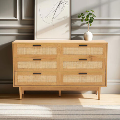 Commode 6 tiroirs 120x39,5x75 cm naturel avec cannage - ARETHA