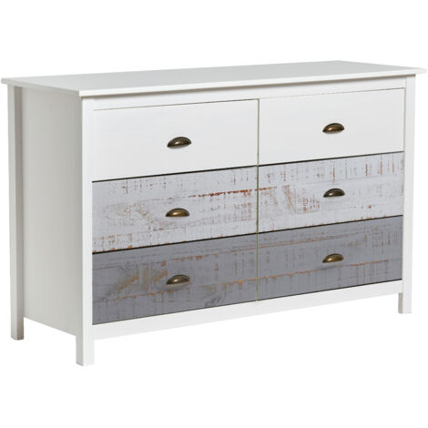 Commode 6 tiroirs 130x45x80 cm en pin blanc, gris et beige - KINDA