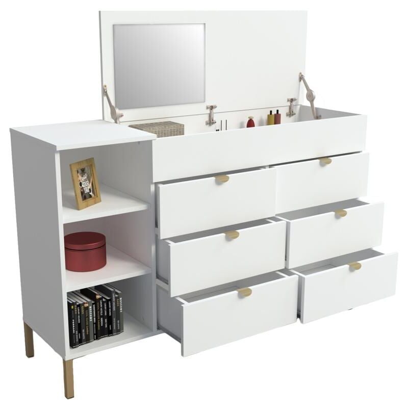 Commode 6 tiroirs, 3 niches et 1 coffre - Avec miroir - Blanc et doré - onisha