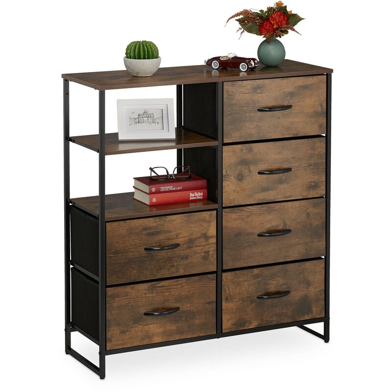 Commode, 6 tiroirs, 3 surfaces, Livres et déco, commode étagère industrie, HxLxP : 92 x 84 x 32 cm, brun/noir - Relaxdays